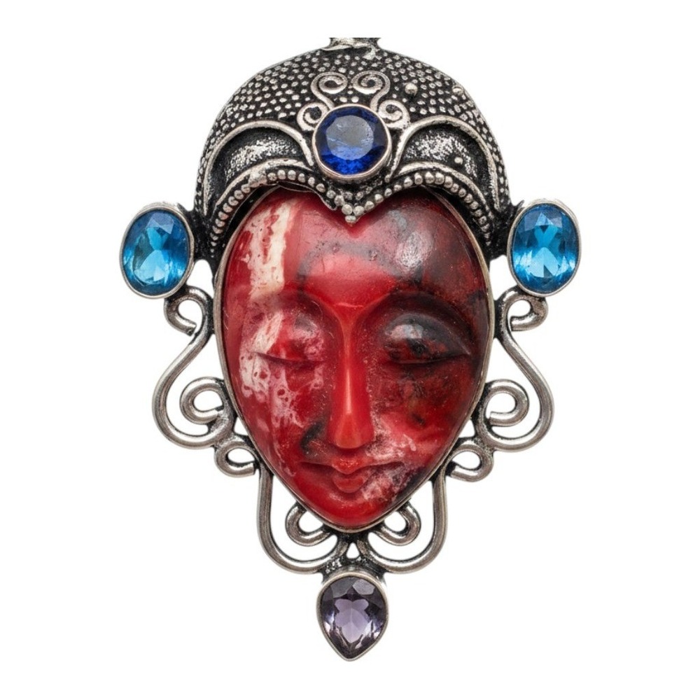 Red‎ Coral Pendant Sterling Silver Plated Blue Quartz Handmade Jewelry2.2"